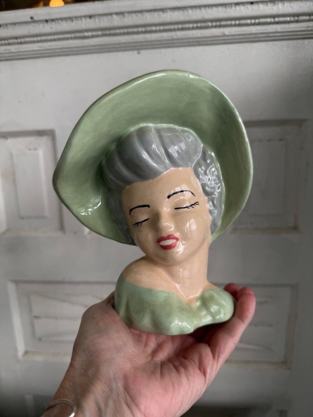 Vintage 1950s Glamour Girl Vase Head Planter Green Hat Retro MOD - Picture 3 of 13
